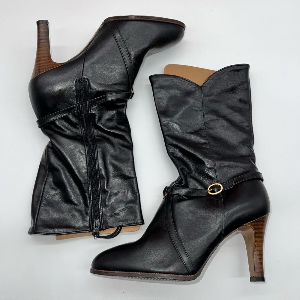 Vintage Cobbies Women Black Leather Mid-Calf Boots w/Cross Strap Details-Sz 7.5